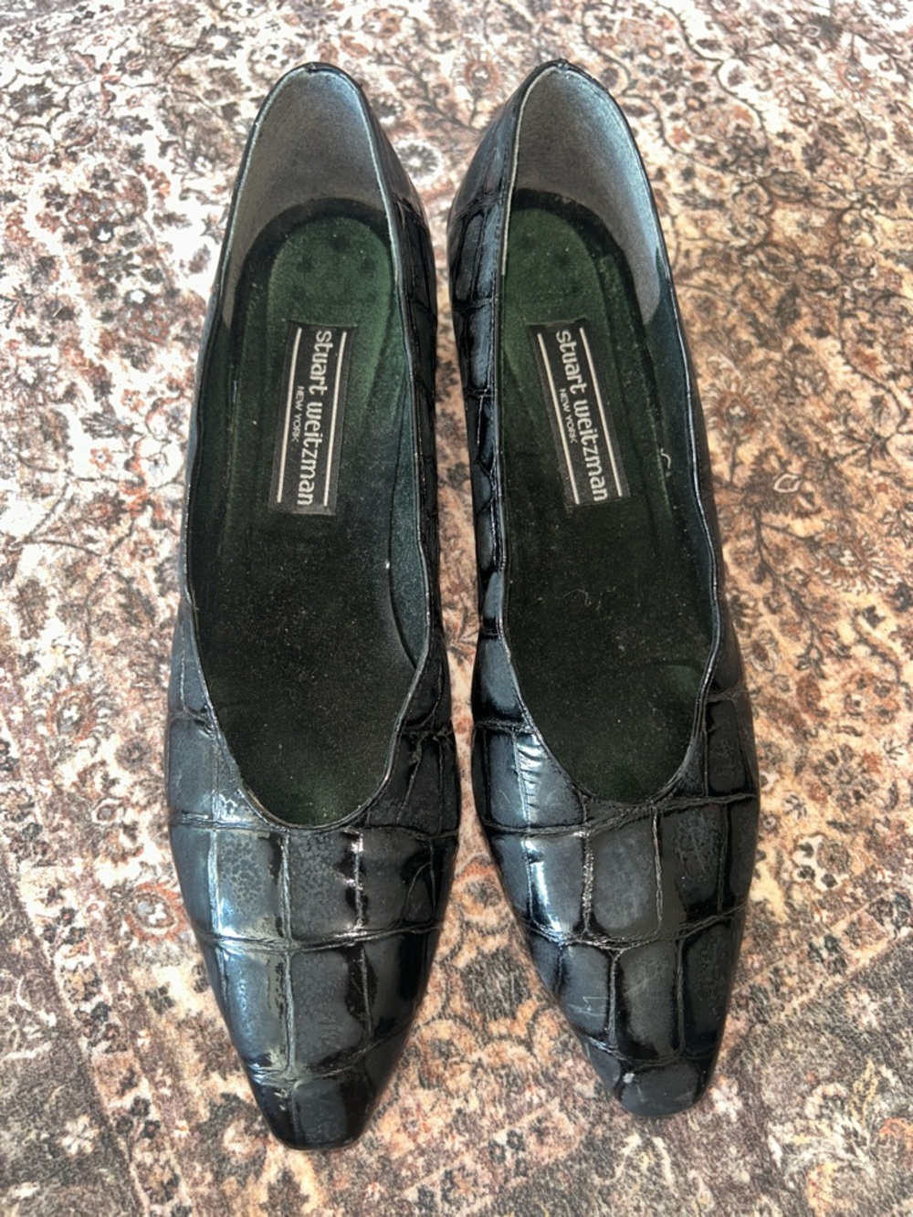 Vintage Stuart Weitzman Black Croc-Embossed Pointed Flats - Patent Finish